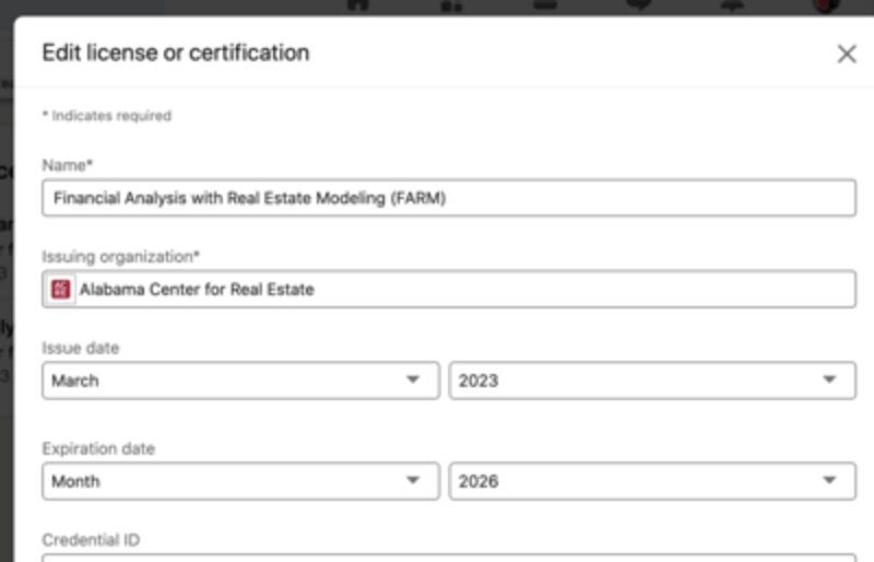Screenshot of how to add FARM to linkedin