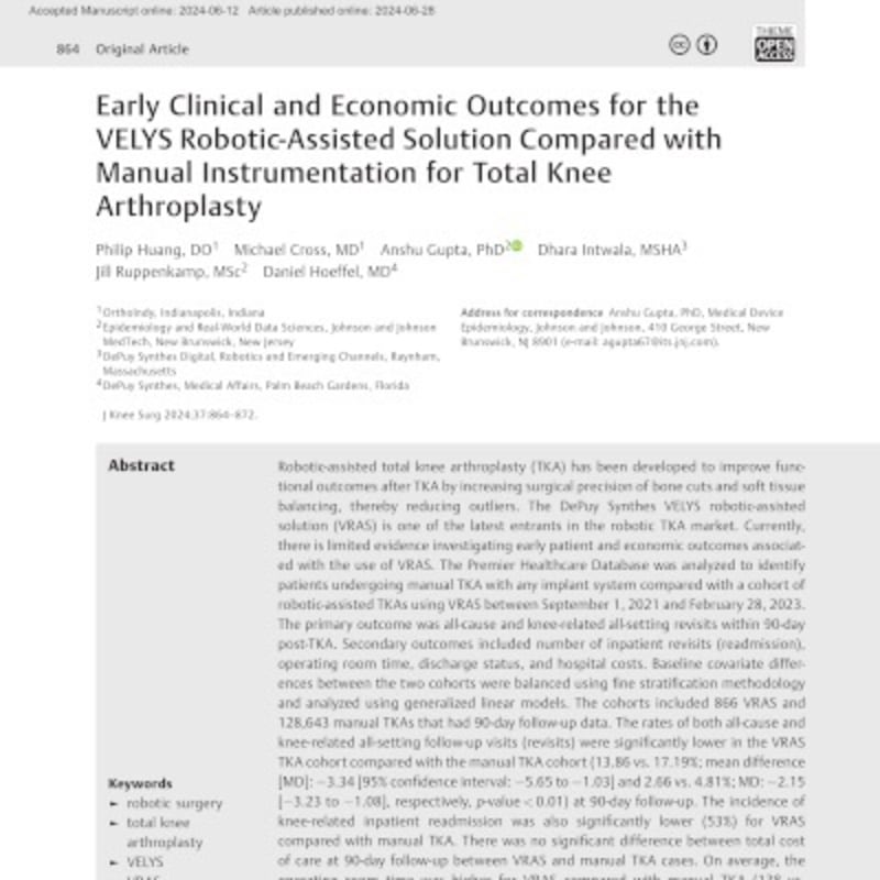 Early Clinical and Economic Outcomes for the VELYS Robotic-Assisted Solution Compared with Manual Instrumentation for Total Knee Arthroplasty