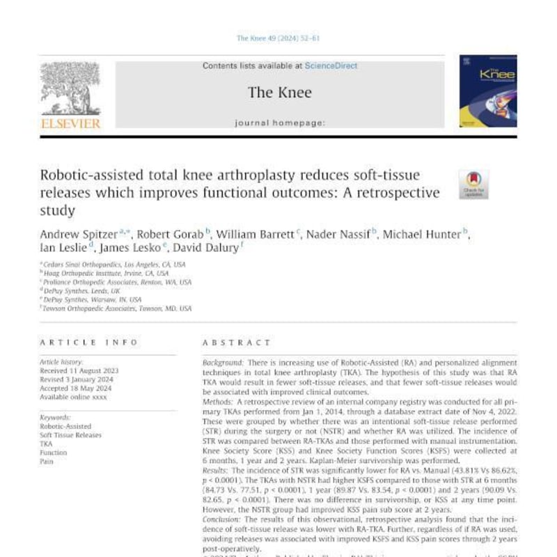 Robotic-Assisted Total Knee Arthroplasty Reduces Soft-Tissue Releases Which Improves Functional Outcomes: A Retrospective Study