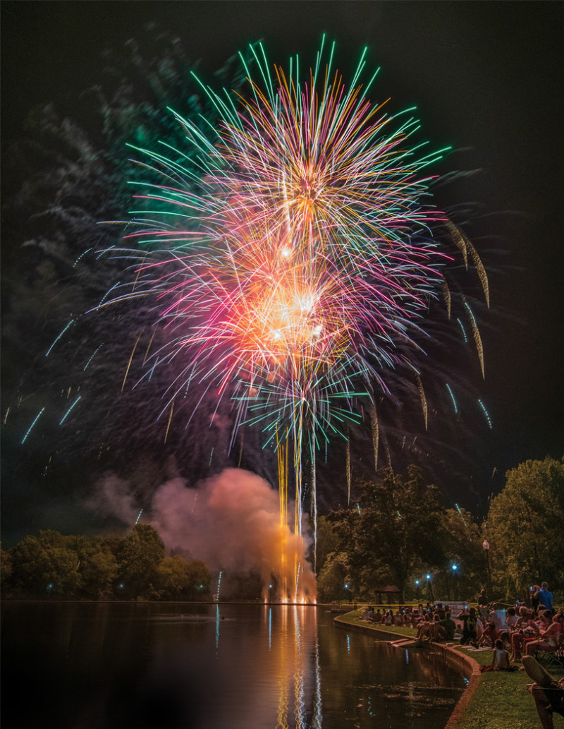 Fourth of July Fireworks over Oxford Lake. Photographer Drew Senter. Longleaf Photography.