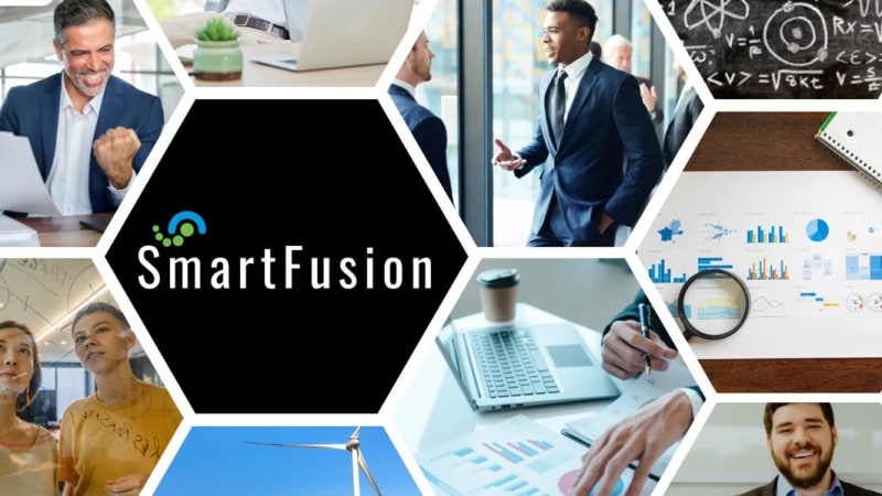 Smartfusion logo within a hexagon of business images