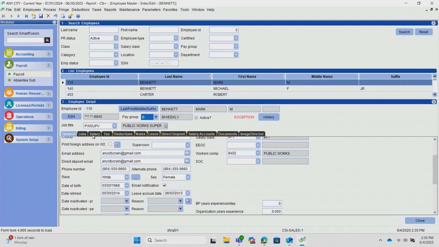 Dashboard showing the Payroll module