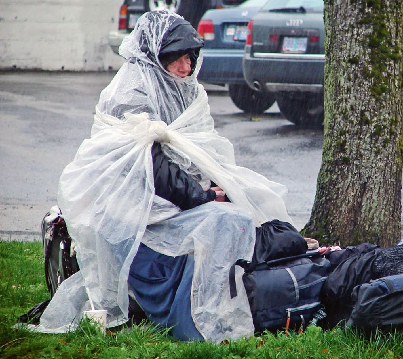 Homeless person in the rain