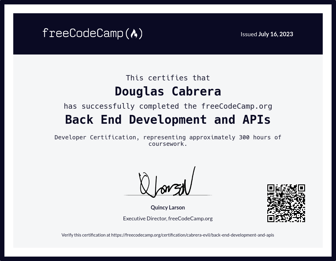 Back End Development and APIs certificate