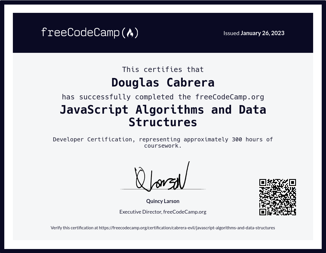JavaScript Algorithms and Data Structures certificate