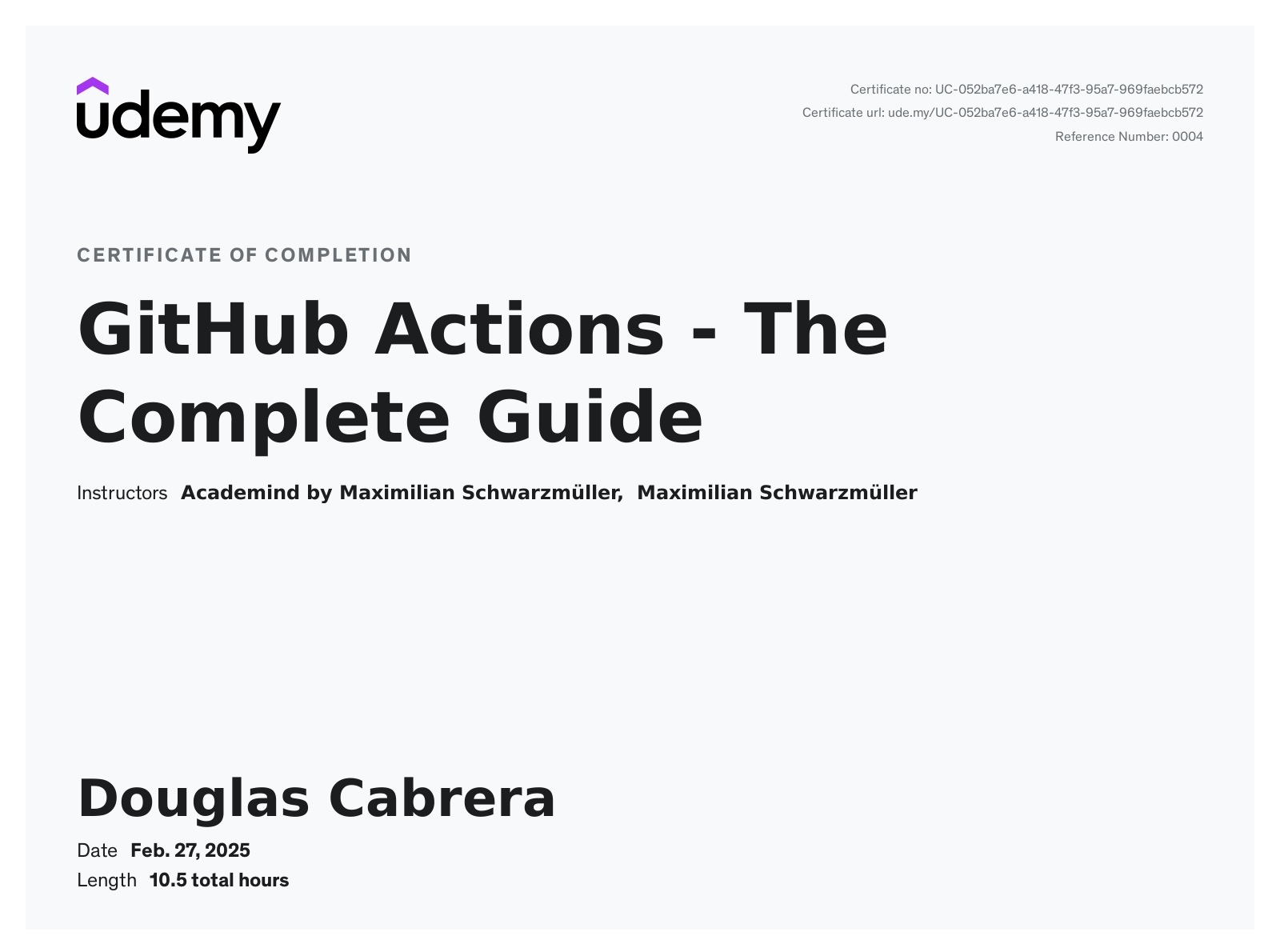 GitHub Actions - The Complete Guide certificate