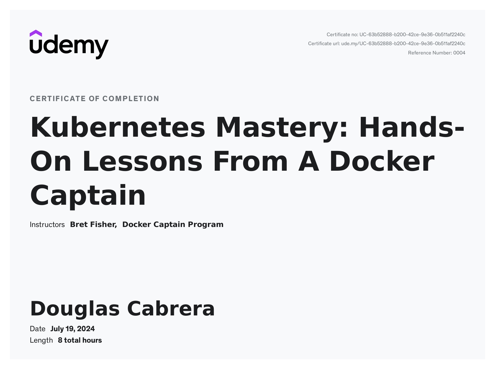 Kubernetes Mastery: Hands-On Lessons From A Docker Captain certificate