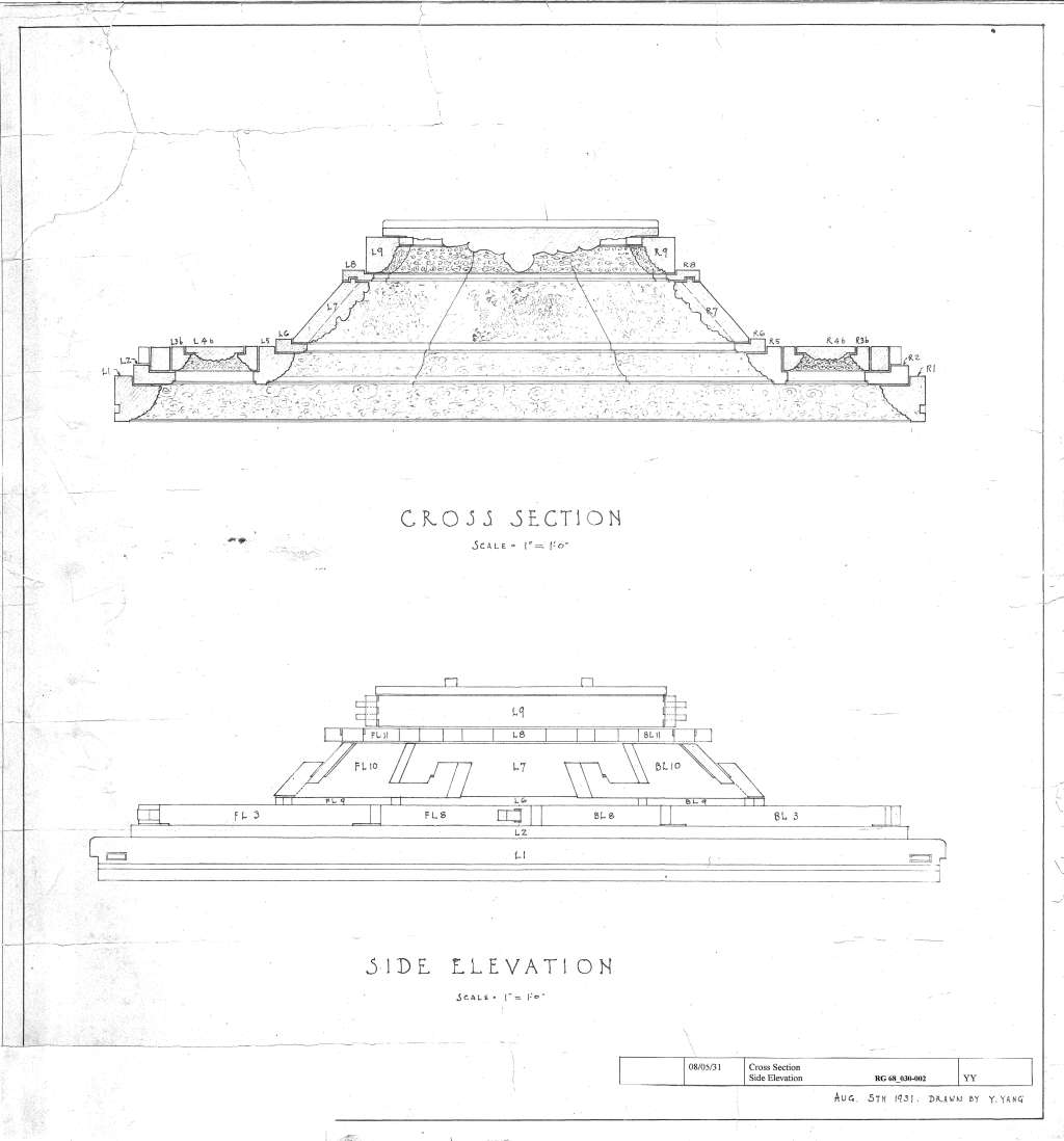 Figure 8. Diagram, signed by Y. Yang, showing the cross-section and side elevation of the coffered ceiling. Diagram courtesy of the Nelson-Atkins Museum of Art.