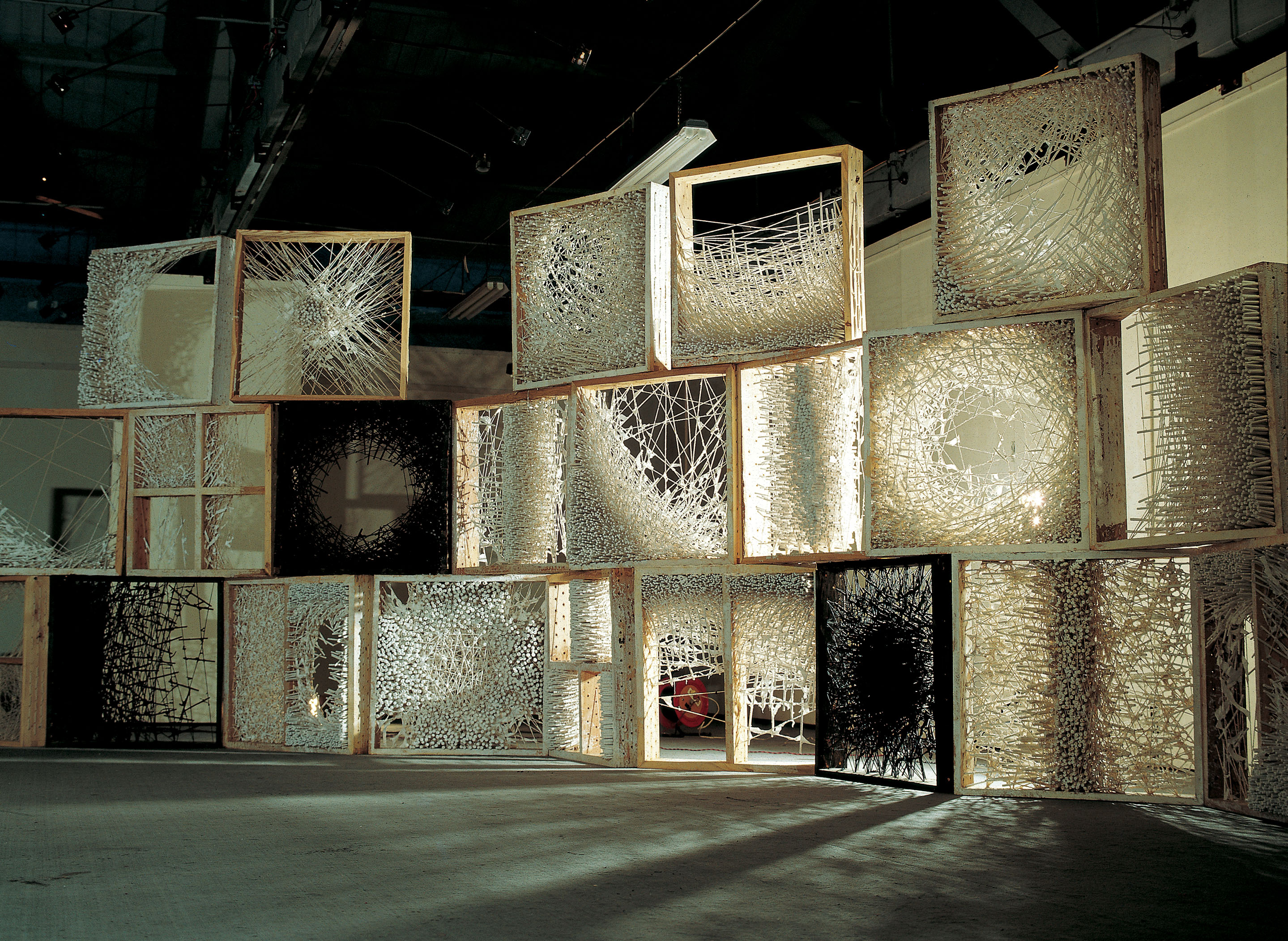 Photo of framed artworks, each consisting of abstract shapes formed from fibers