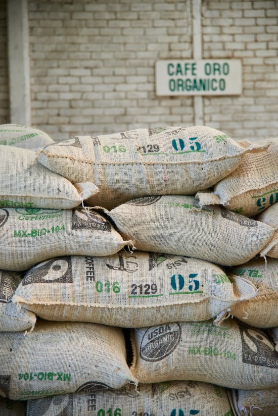 Stacked bags of organic coffee from Mexico