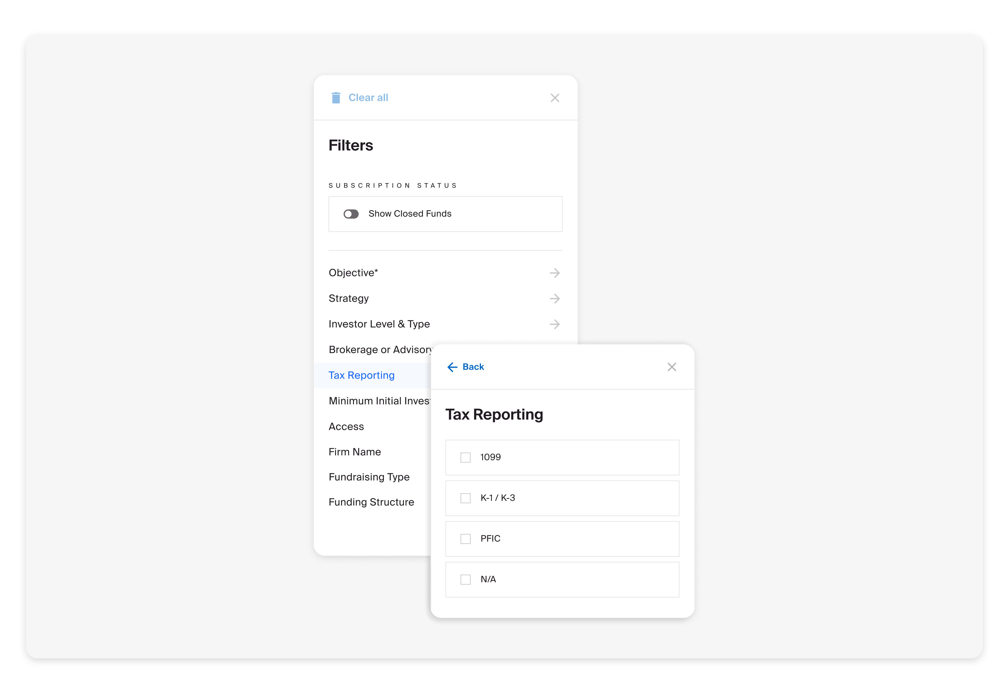 Expandable-New Filters by Tax Reporting Status