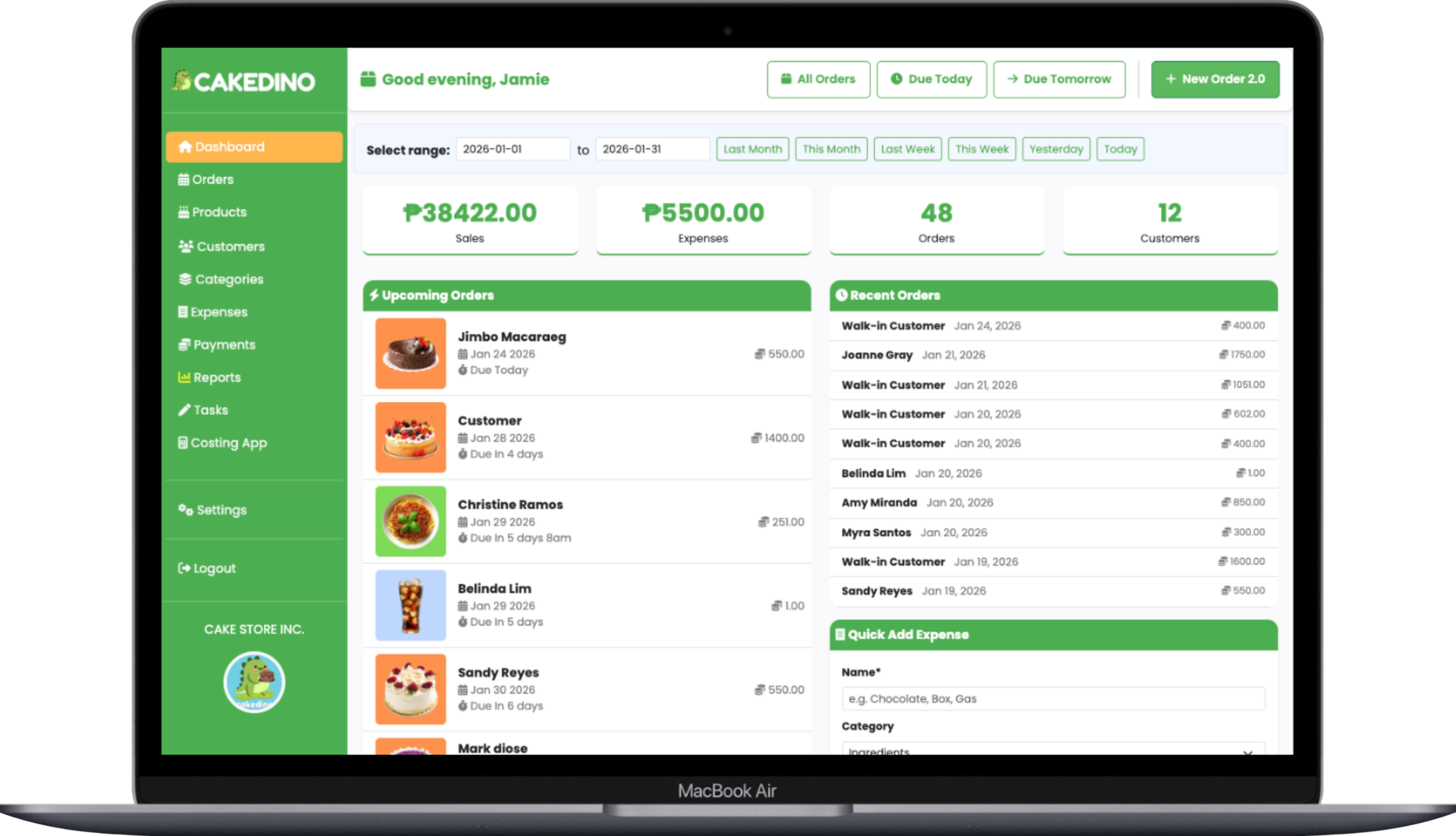 CakeDino dashboard preview on MacBook (slide 1)
