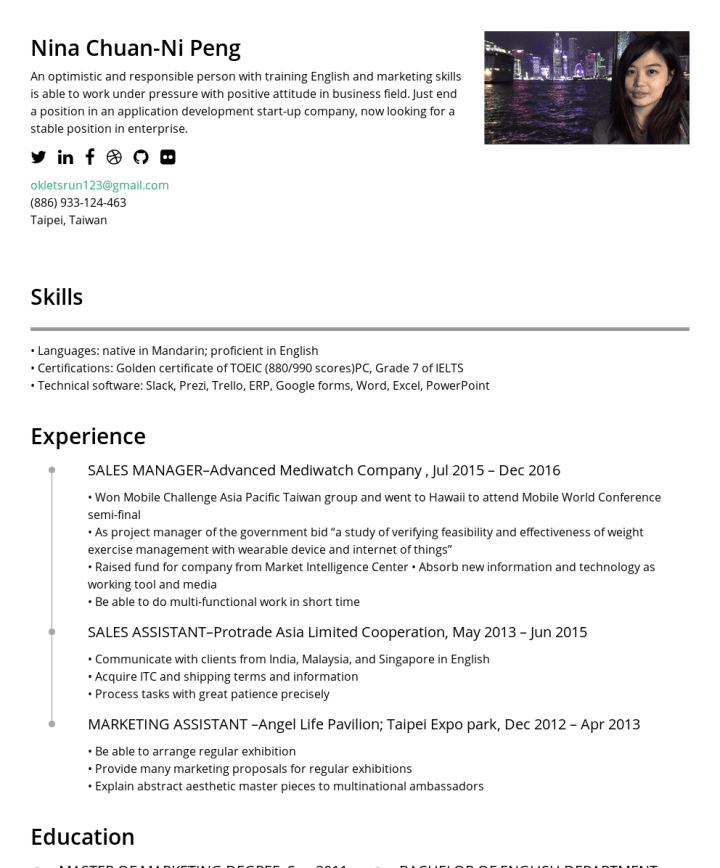 Nina Peng Cakeresume Featured Resumes