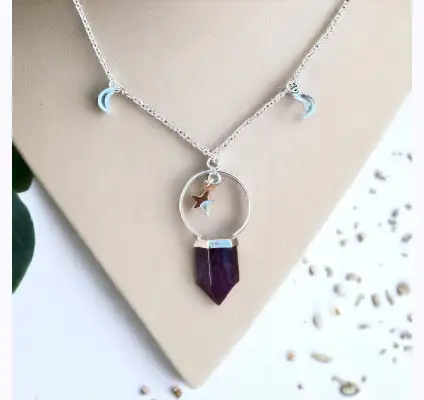 Colgante de plata 925 con lunas, estrellas y amatista