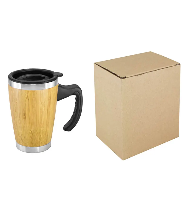 Mug Taza Madera Bambú Con Asa Y Tapa Ecológico 400 Cc