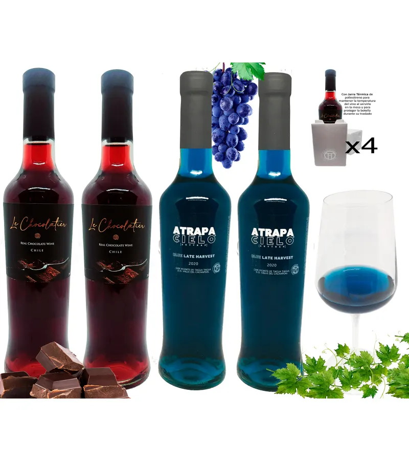 Pack 2 Vino Azul Atrapacielo 375ml + 2 Vino Chocolate 375ml + 4 Cajas Térmicas