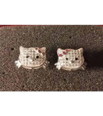 Aros con rostro de gato, con circón. Joya de Plata 925