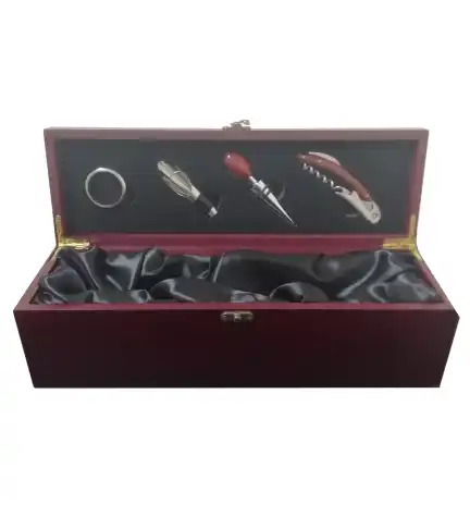 Caja de Madera Barnizada con 4 accesorios Metálicos de Vino