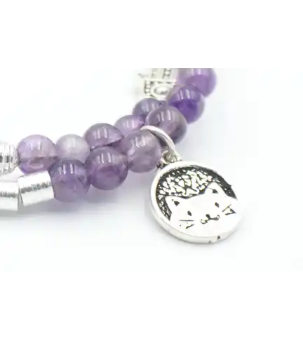 Pulsera doble hecha de Amatista 6mm con mostacillas baño de plata y colgantes Plata 925