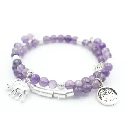 Pulsera doble hecha de Amatista 6mm con mostacillas baño de plata y colgantes Plata 925