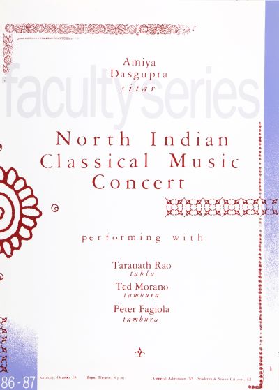 CalArts poster: ’86 – ’87 Faculty Series: North Indian Classical Music Concert by 