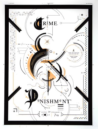 CalArts poster: &#8220;Crime &#038; Punishment&#8221;, Group Show Featuring CalArts GD Department by Jesse Lee Stout 