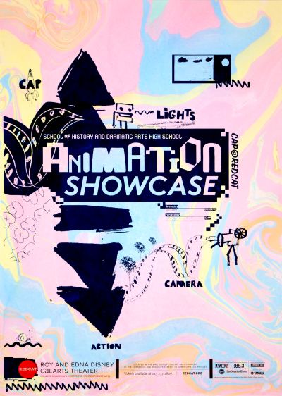 CalArts poster: REDCAT: School of History and Dramatic Arts High School Animation Showcase by Brian Thompsen Karin Yamauchi 