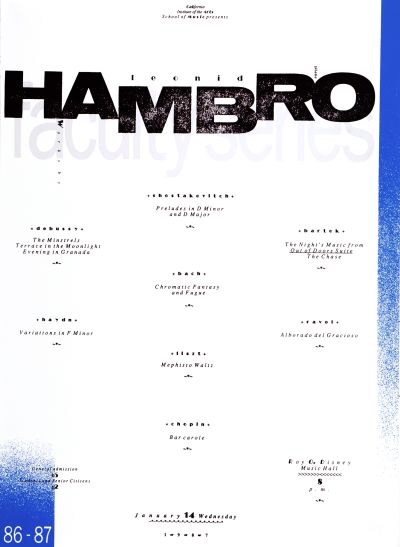 CalArts poster: ’86 – ’87 Faculty Series: Leonid Hambro by 