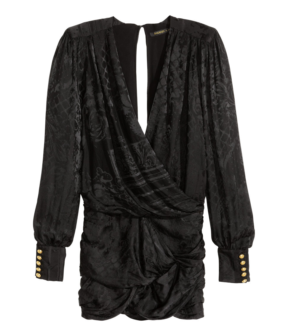 Balmain x H&M Black Long Sleeve Draped Jacquard-weave Silk Mini Dress Size  4 | eBay