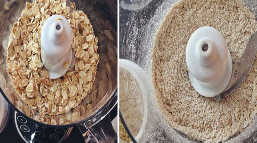 Measure 1 cup of oats and place in a food processor or a blender (or coffee grinder). Process until oats become a fine, smooth powder. You can process the oats in 2 batches to easily achieve the desired consistency.