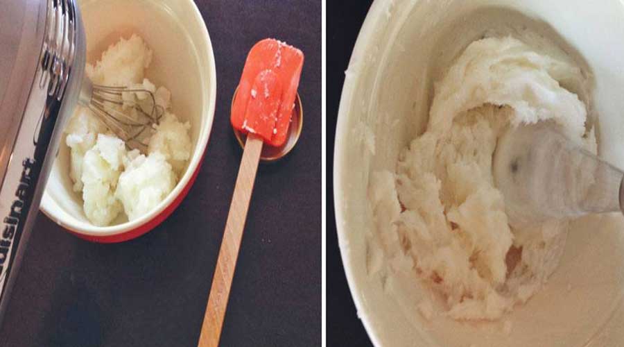 Beat the coconut oil for 1 minute on high, until smooth and fluffy. It should look a bit like whipped cream.