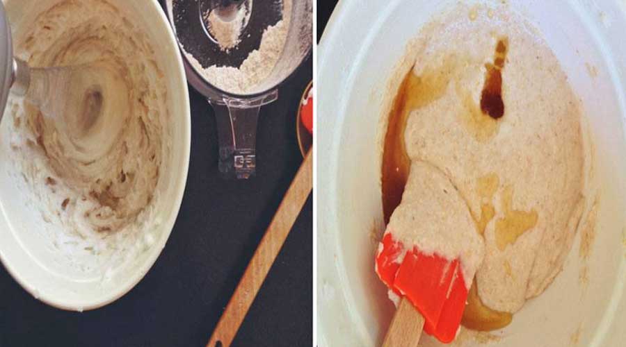 Once all oats have been added to the oil and blended in thoroughly, again increase the speed of your mixer to high and beat for 1 minute. The combined result should closely resemble like a pancake batter.
