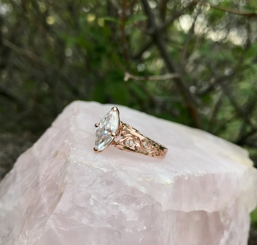 14K Rose Gold Vintage Engagement Ring Filigree Milgrain Art Deco Ring