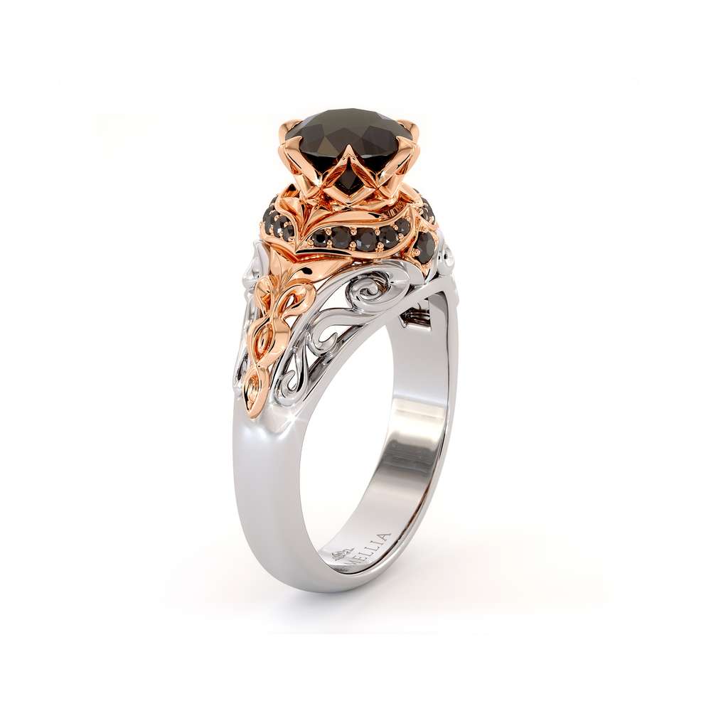 Black Diamonds Halo Engagement Ring Vintage Inspired Crown Ring Royal Black  Diamond Ring 2 Tone Gold Engagement Ring - Camellia Jewelry