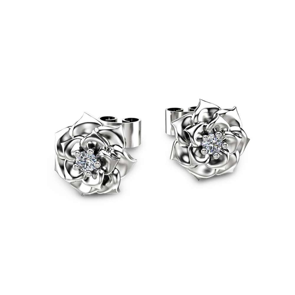 14K White Gold Flower Diamond Stud Earrings Diamond Earrings Gold Earrings  Flower Design - Camellia Jewelry