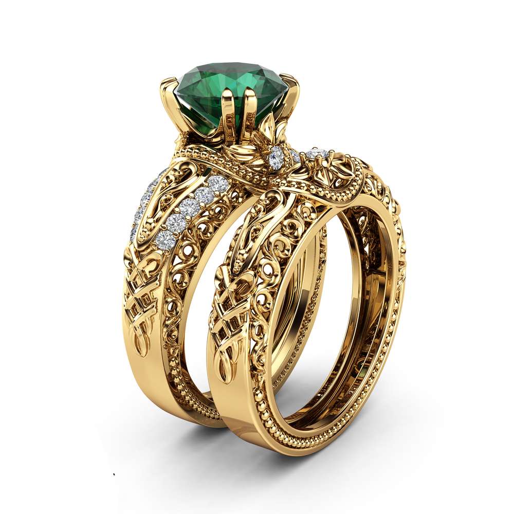 Art deco Emerald Engagement Ring Set 14K Yellow Gold Rings 2 Carat Emerald  Bridal Set Filigree Engagement Rings - Camellia Jewelry