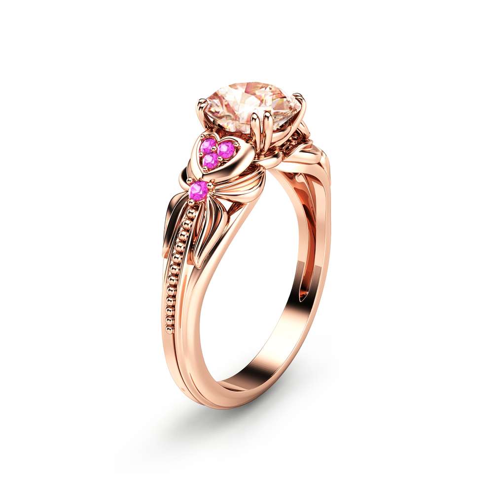 Gold Heart Ring With Pink Sapphire. Heart Diamond Ring. Pink Heart