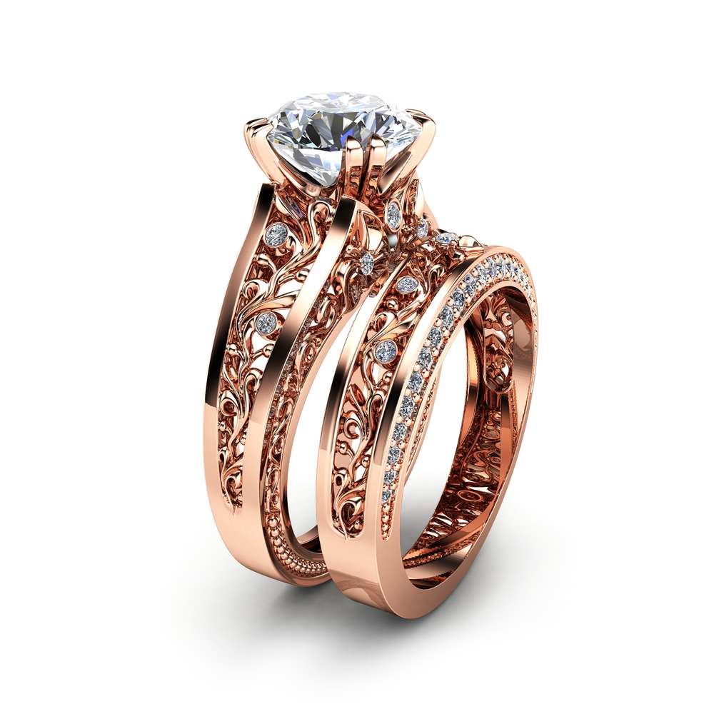 Moissanite Engagement Ring Set Unique 2 Carat Moissanite Ring with Matching  Band 14K Rose Gold Engagement Rings - Camellia Jewelry