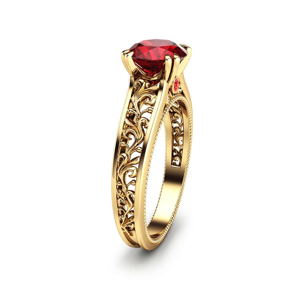 Ruby & Diamond Textured Flower Ring 14K Yellow Gold