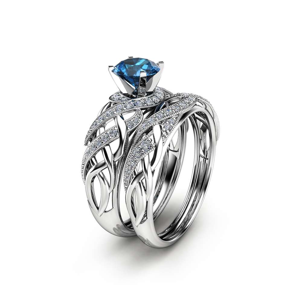 London Blue Topaz Bridal Set in 14K White Gold Unique Engagement Rings ...