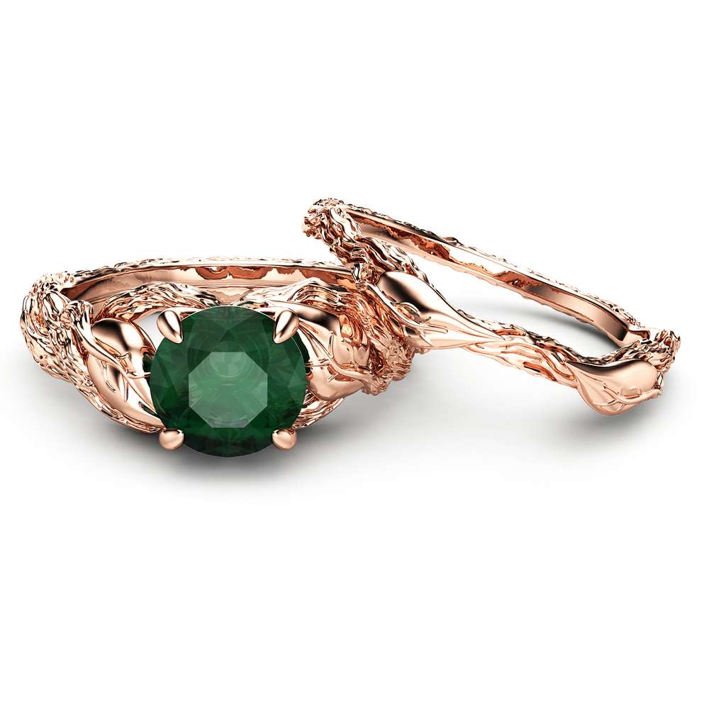 Natural Inspired Leaf emerald ring set unique twig engagement ring Art deco  rose gold emerald wedding ring set for women Branch ring gift