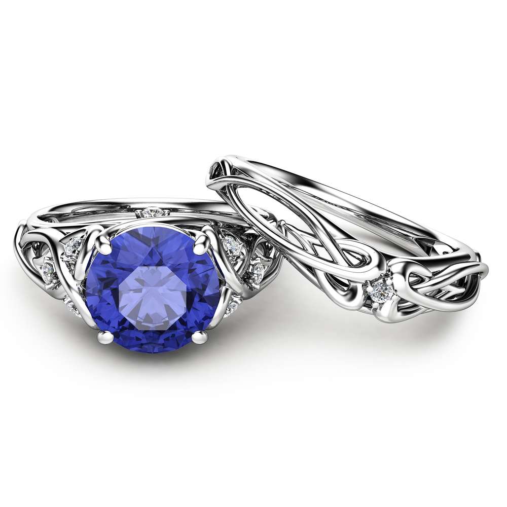 Natural Tanzanite Unique Engagement Rings 14K White Gold Ring Set Unique  Design Engagement Ring Set - Camellia Jewelry
