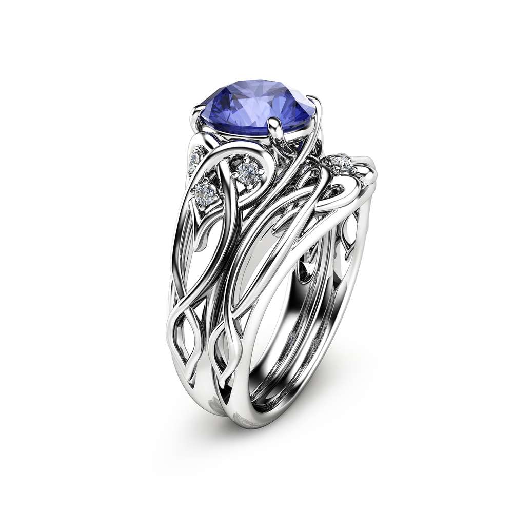 Natural Tanzanite Unique Engagement Rings 14K White Gold Ring Set Unique Design Engagement Ring Set - Camellia Jewelry Natural Tanzanite Unique Engagement Rings 14K White Gold Ring Set Unique Design Engagement Ring Set - Camellia Jewelry