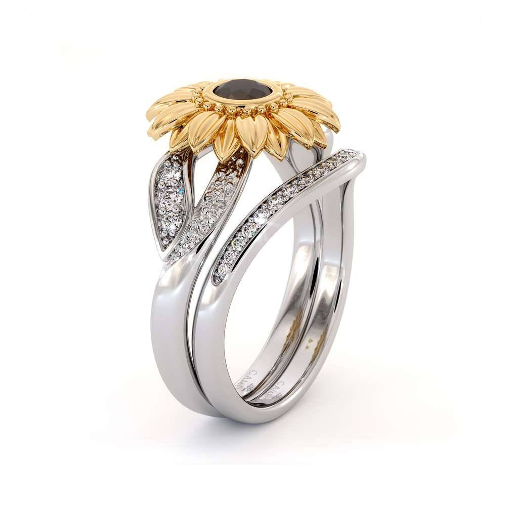 Sunflower Engagement Ring Set Black Diamond Engagement Ring White Gold ...
