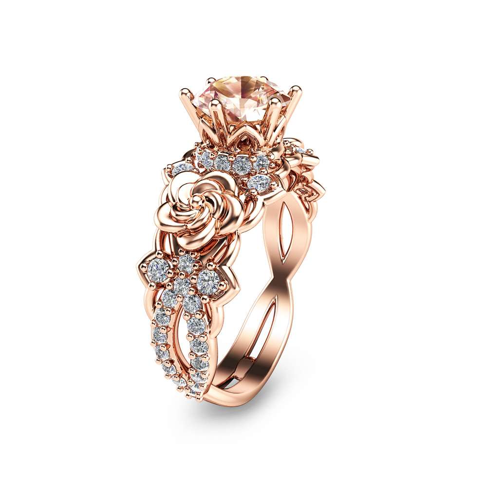14K Rose Morganite Ring Unique Engagement Ring Rose Gold Engagement Ring - Camellia Jewelry