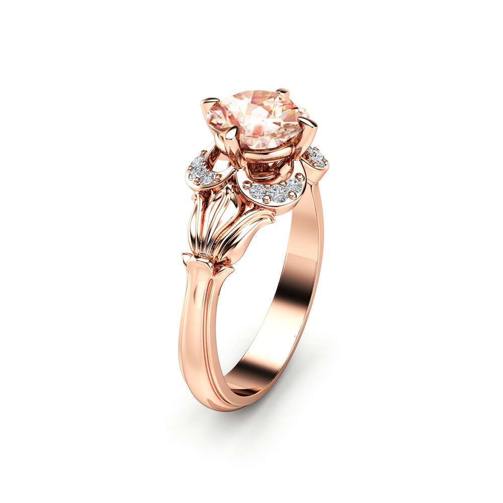 14k Rose Gold Morganite Flower Clover Diamond Halo Engagement Promise Ring  Pink Peach