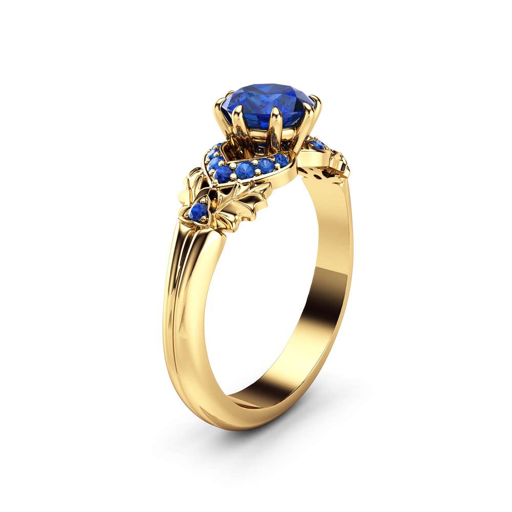 1CT Natural Sapphire Engagement Ring 14K Yellow Gold Blue Sapphire