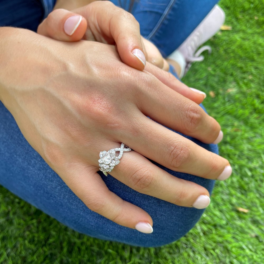 Black Diamond Floral Engagement Ring, Rose Flower Anniversary Ring, 1.50 Carat Vintage Unique 14K Black Gold Handmade Certified