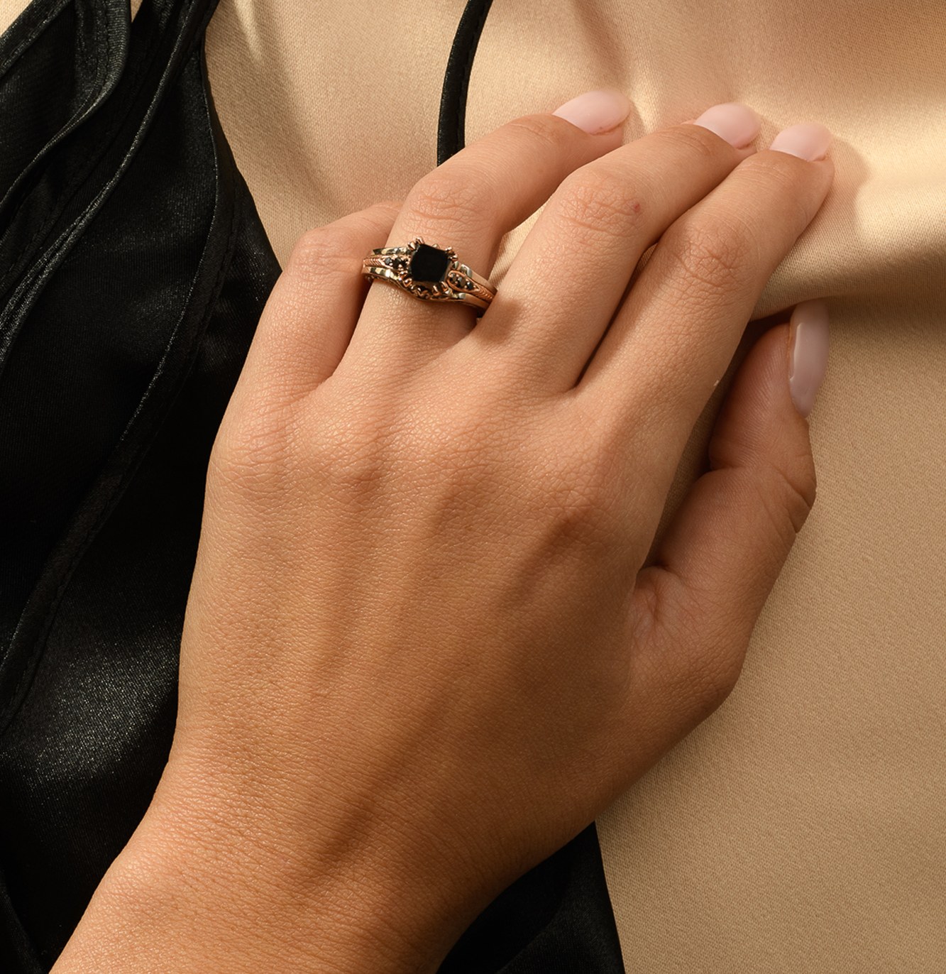 Unique Engagement Ring 14K Two Tone Gold Ring Edwardian Black