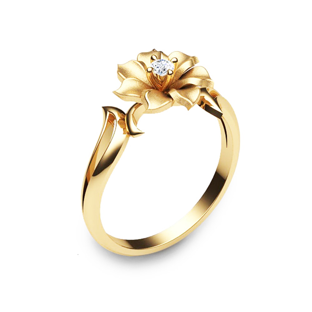 14K Yellow Gold Flower Ring Unique Diamond Ring Leaf and Flower ...